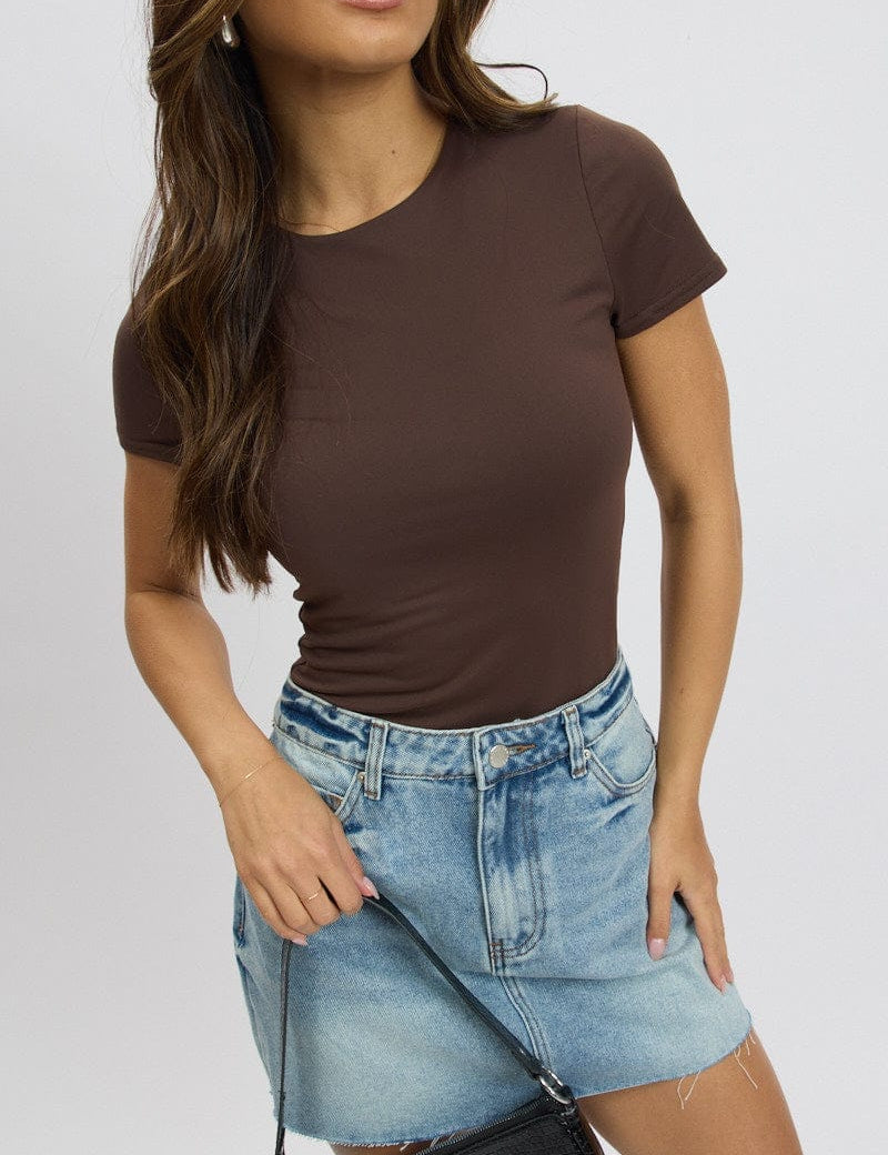 Brown Bodysuit Short Sleeve Crew Neck Supersoft - Àlainn Fashion