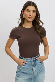 Brown Bodysuit Short Sleeve Crew Neck Supersoft - Àlainn Fashion