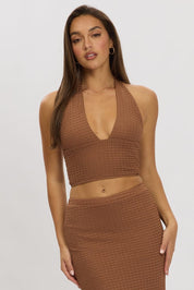 Brown Halter Neck Top Crop Textured - Àlainn Fashion