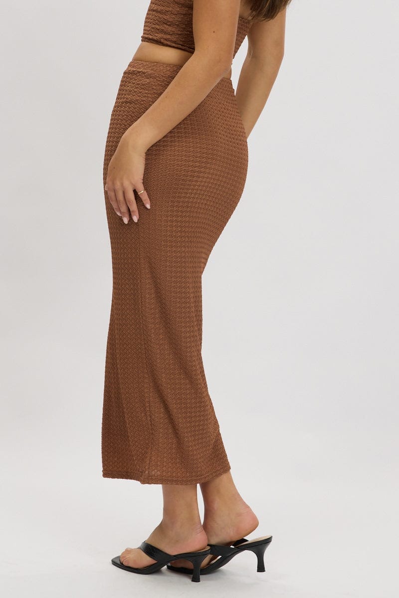 Brown Midi Skirt High Rise Textured Jersey - Àlainn Fashion