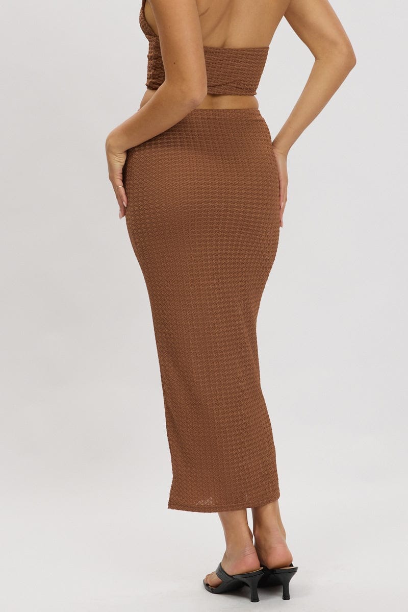 Brown Midi Skirt High Rise Textured Jersey - Àlainn Fashion