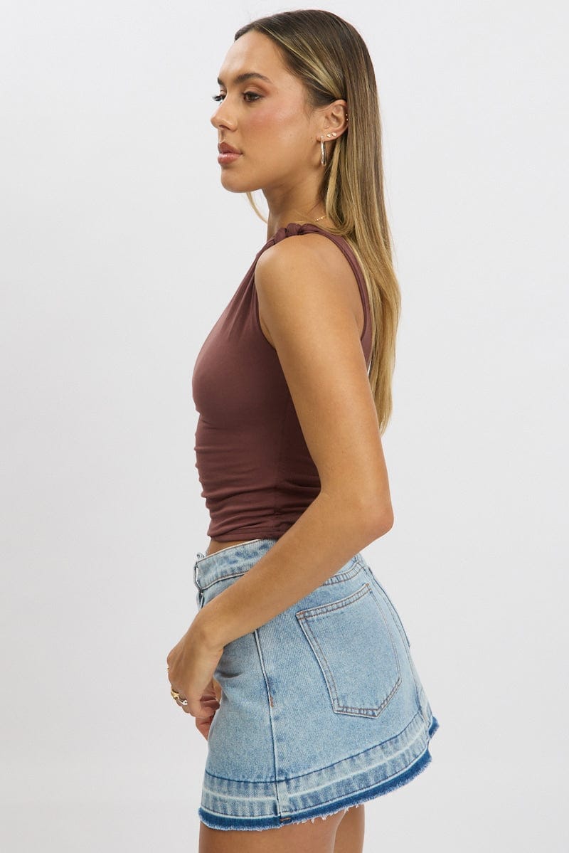 Brown Sleeveless Twist Shoulder Top - Àlainn Fashion