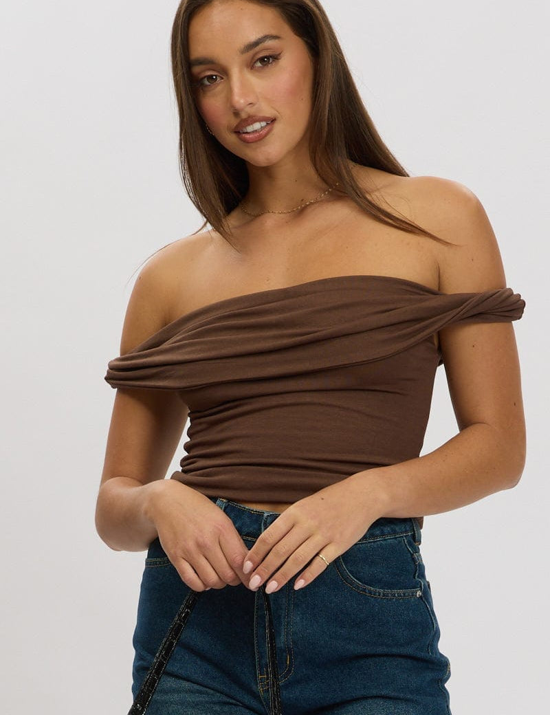 Brown Twist Top Off Shoulder - Àlainn Fashion