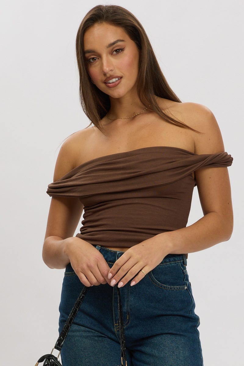 Brown Twist Top Off Shoulder - Àlainn Fashion