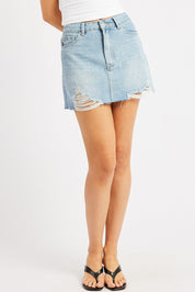 Denim Mini Skirt High Rise A Line Distressed - Àlainn Fashion