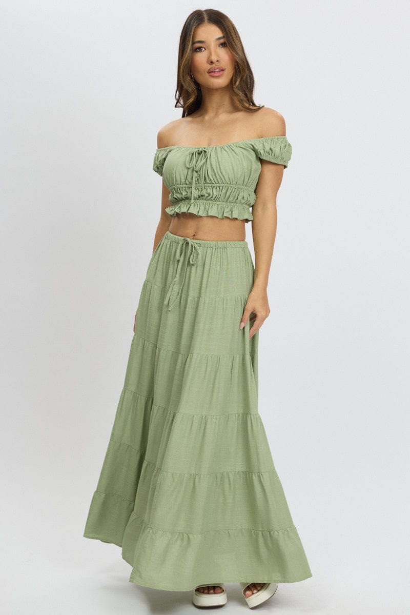 Green Maxi Skirt Tiered High Rise - Àlainn Fashion