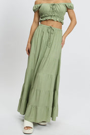 Green Maxi Skirt Tiered High Rise - Àlainn Fashion