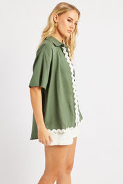 Green Relaxed Shirt Short Sleeve Ric Rac - Àlainn Fashion