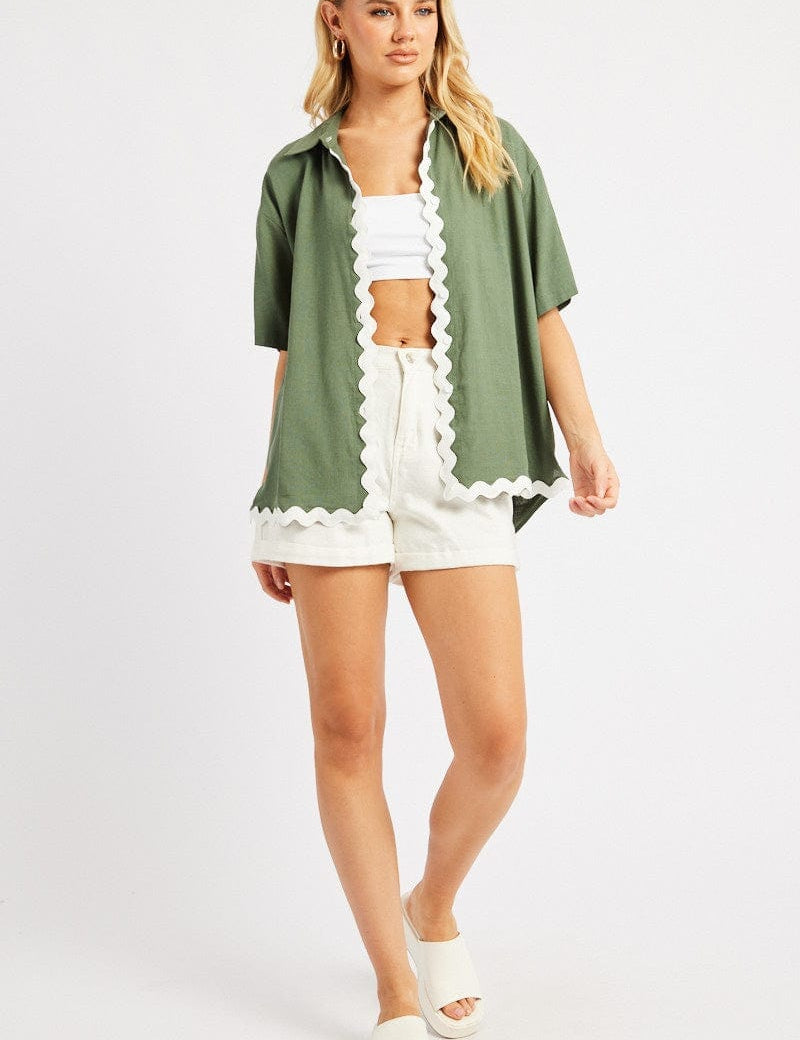 Green Relaxed Shirt Short Sleeve Ric Rac - Àlainn Fashion