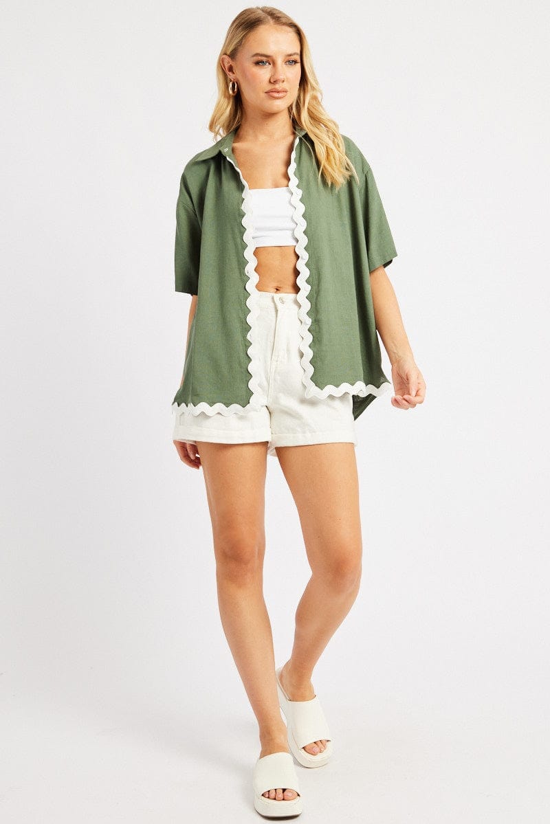 Green Relaxed Shirt Short Sleeve Ric Rac - Àlainn Fashion