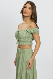 Green Ruched Top Short Sleeve Linen Blend - Àlainn Fashion