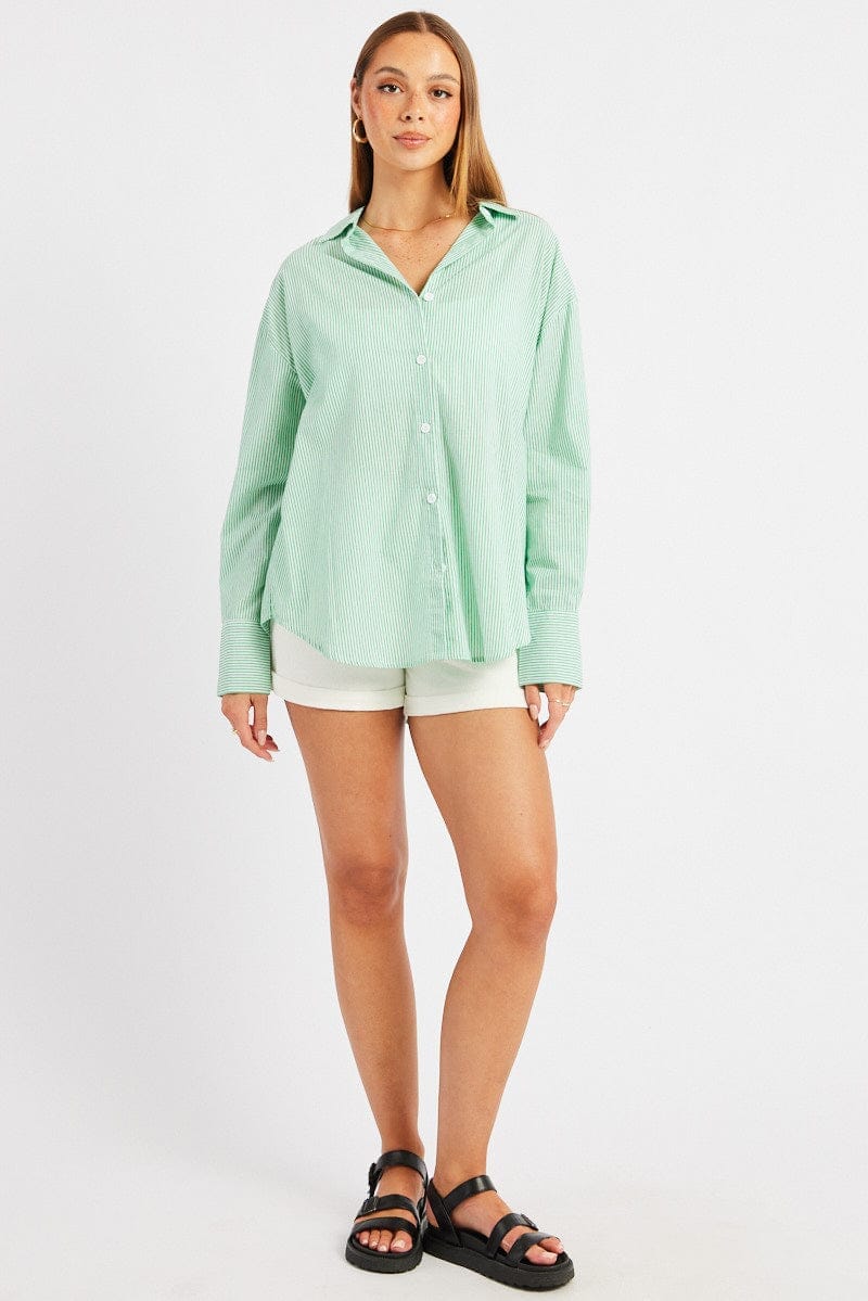 Green Stripe Relaxed Shirt Long Sleeve - Àlainn Fashion