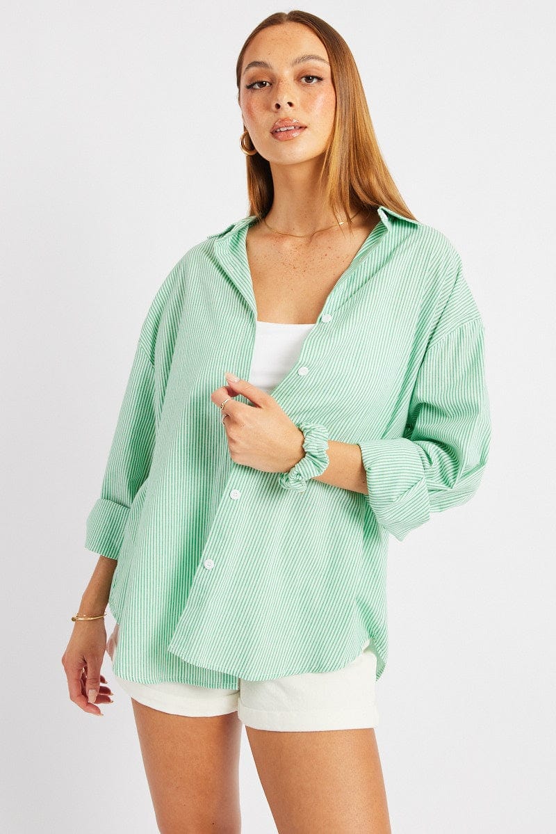 Green Stripe Relaxed Shirt Long Sleeve - Àlainn Fashion