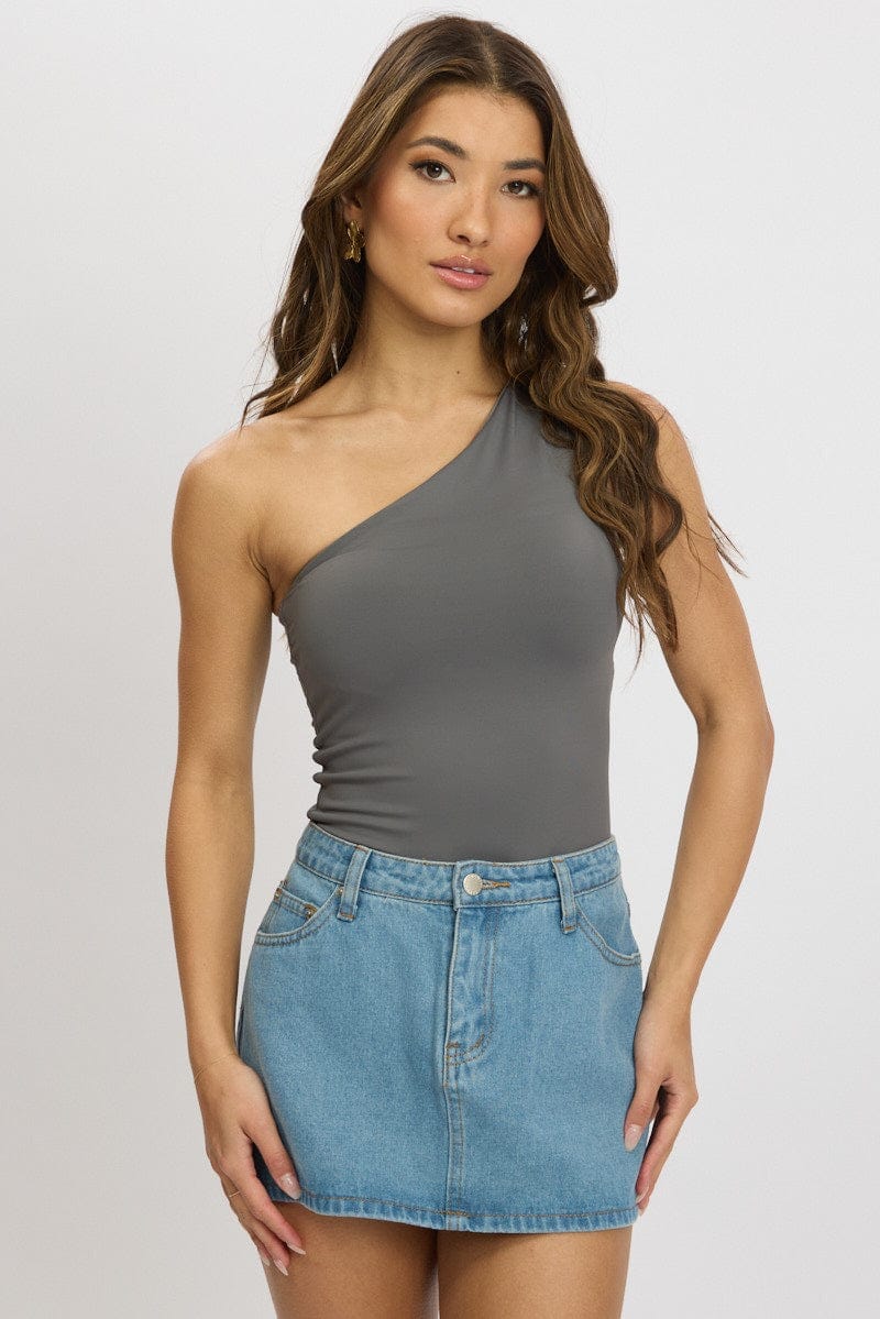 Grey Bodysuit One Shoulder - Àlainn Fashion