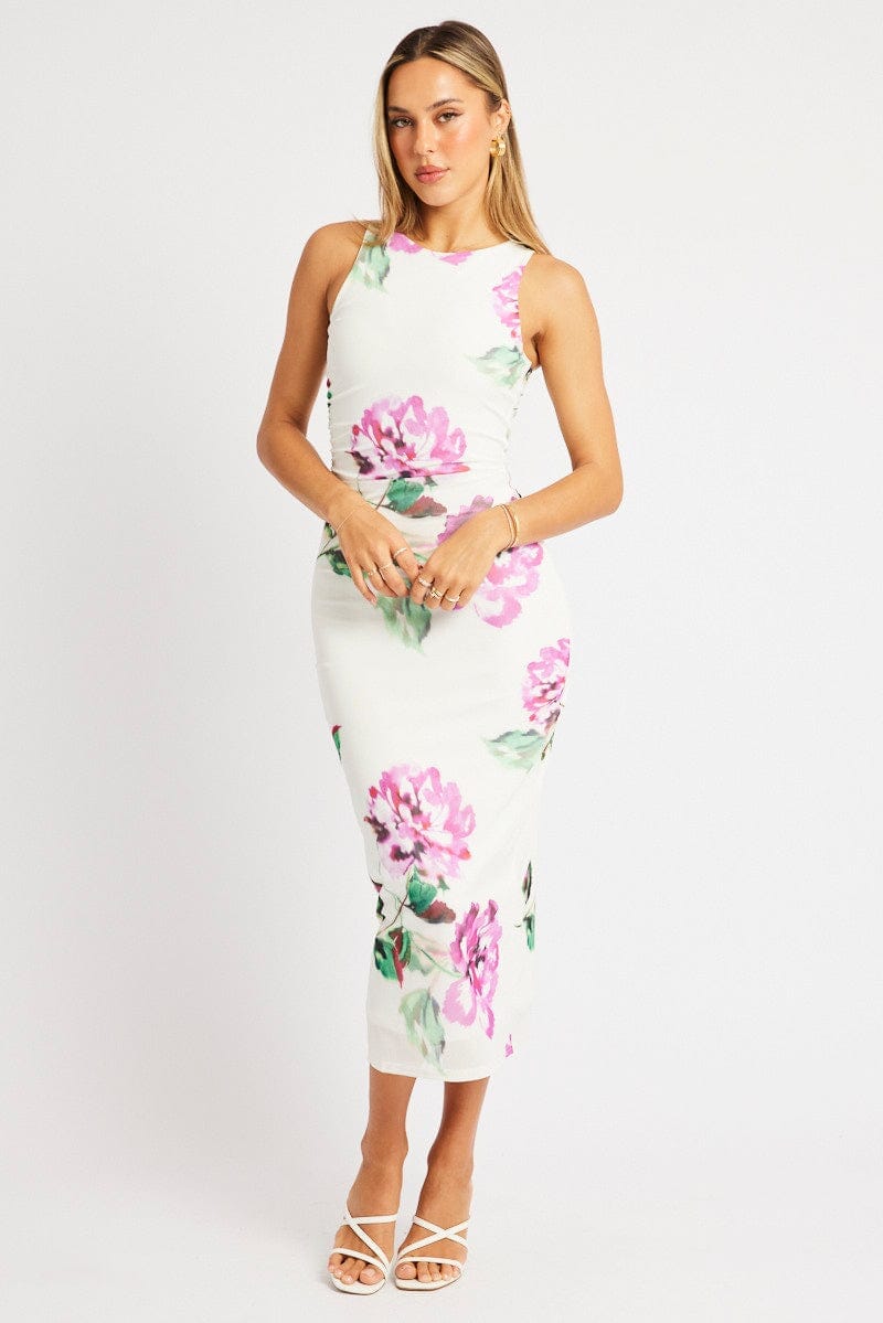 Multi Floral Bodycon Dress Sleeveless - Àlainn Fashion