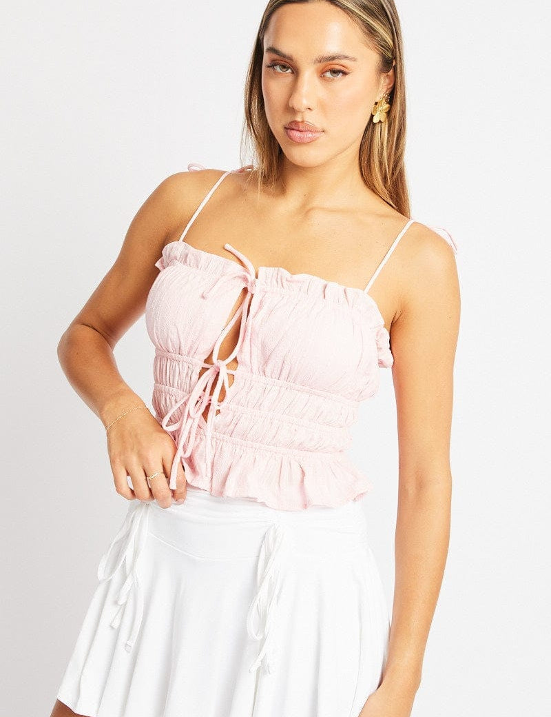 Pink Cami Top Sleeveless Tie Front Textured - Àlainn Fashion