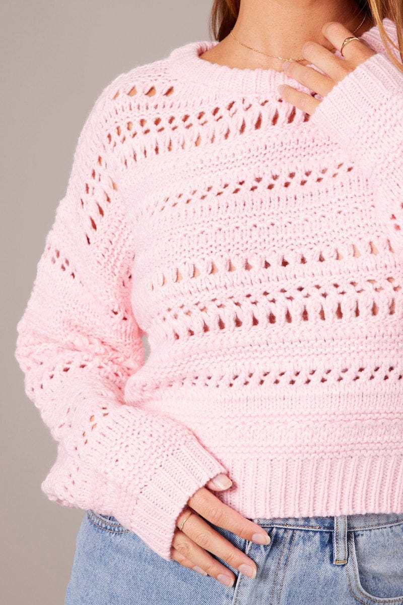 Pink Crochet Jumper Long Sleeve Crew Neck - Àlainn Fashion