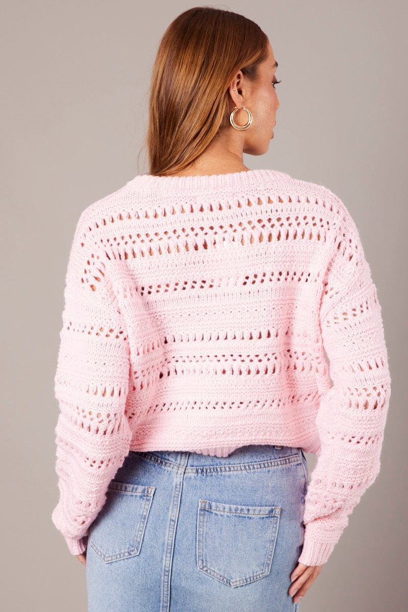 Pink Crochet Jumper Long Sleeve Crew Neck - Àlainn Fashion