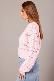 Pink Crochet Jumper Long Sleeve Crew Neck - Àlainn Fashion