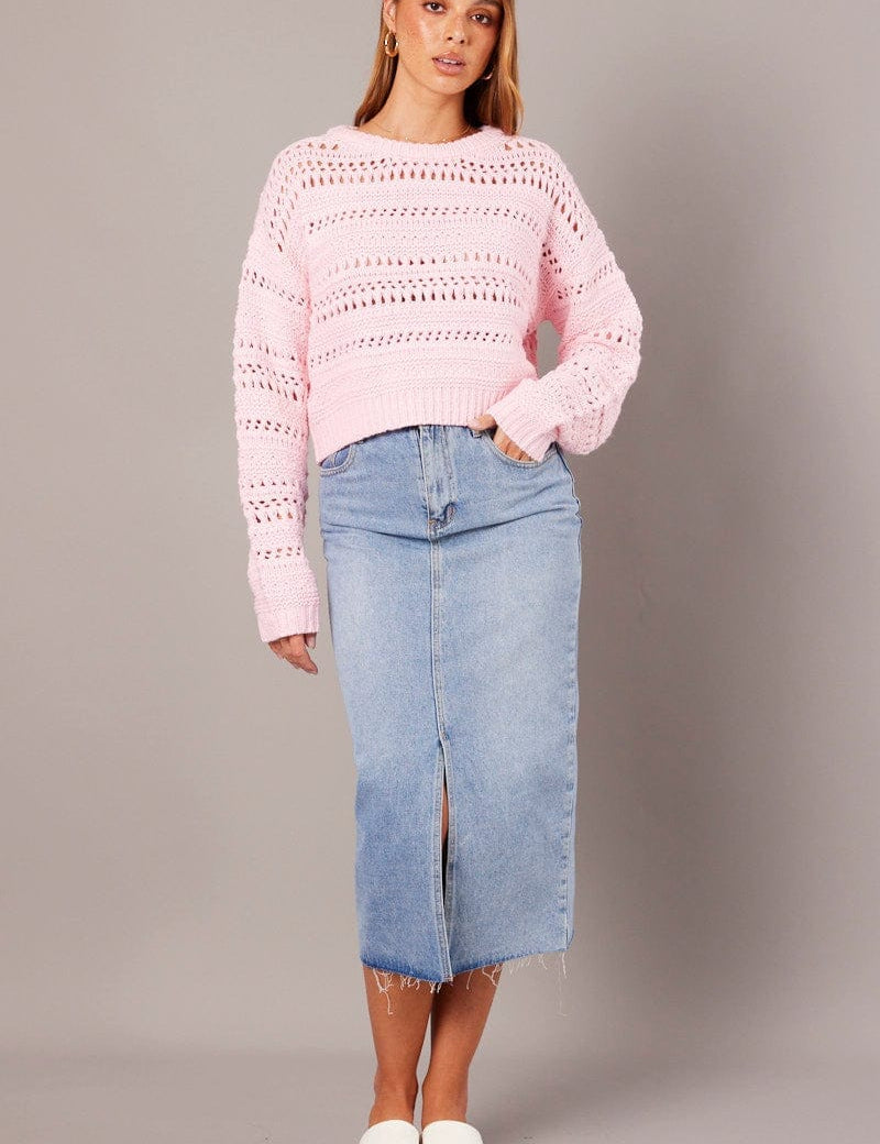 Pink Crochet Jumper Long Sleeve Crew Neck - Àlainn Fashion