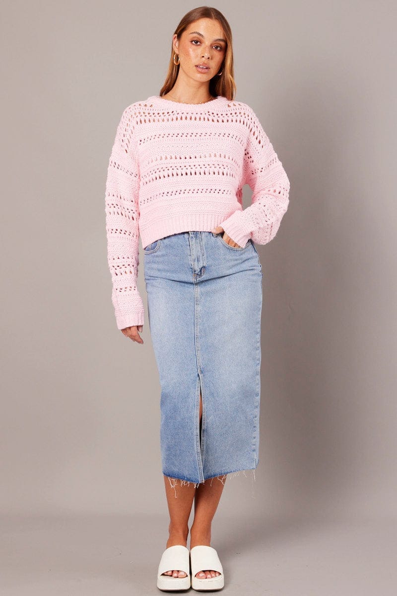 Pink Crochet Jumper Long Sleeve Crew Neck - Àlainn Fashion