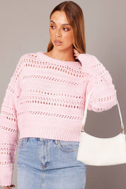 Pink Crochet Jumper Long Sleeve Crew Neck - Àlainn Fashion