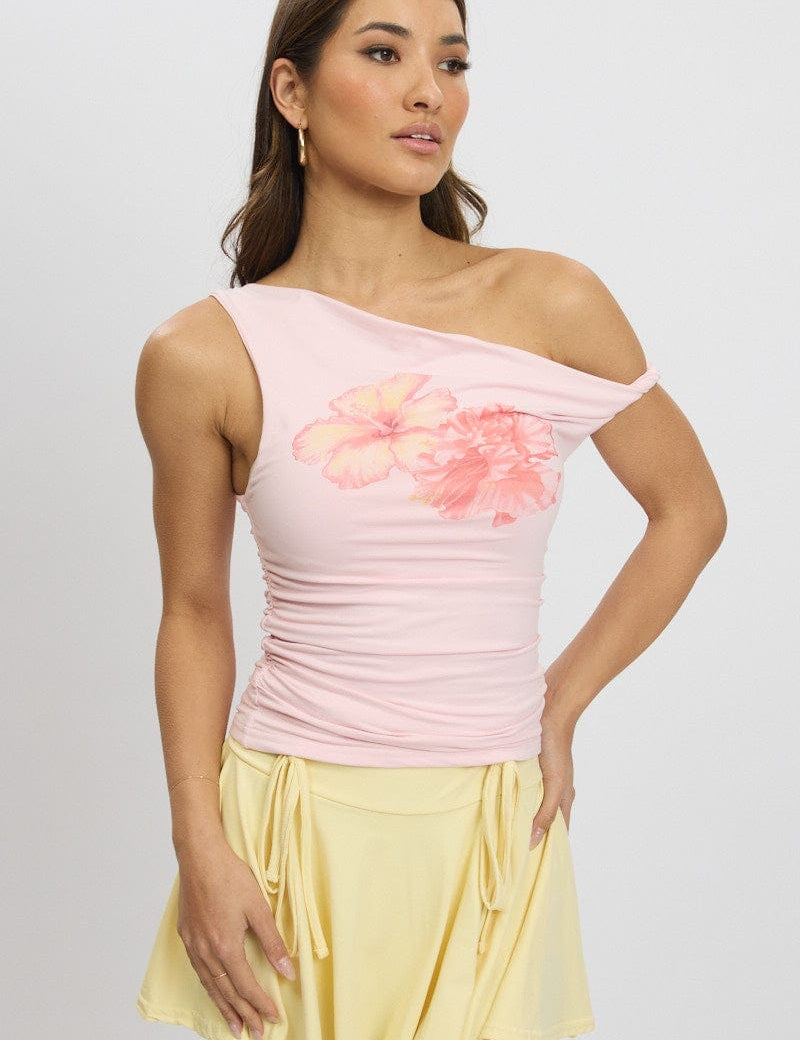 Pink Graphic Top Twist off Shoulder Supersoft - Àlainn Fashion