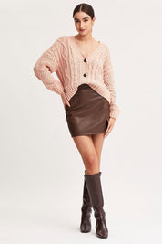 Pink Knit Cardigan Long Sleeve V-Neck Cable - Àlainn Fashion