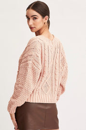 Pink Knit Cardigan Long Sleeve V-Neck Cable - Àlainn Fashion