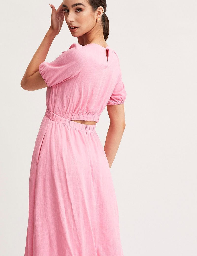 Pink Linen Blend Midi Dress - Àlainn Fashion