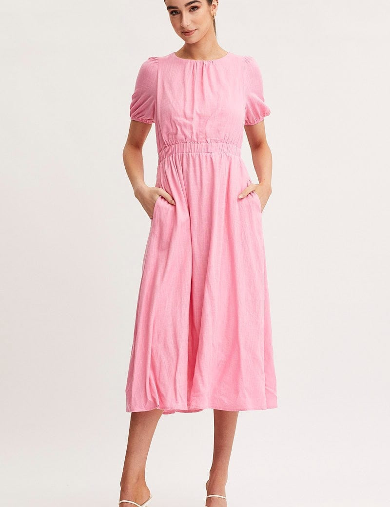 Pink Linen Blend Midi Dress - Àlainn Fashion