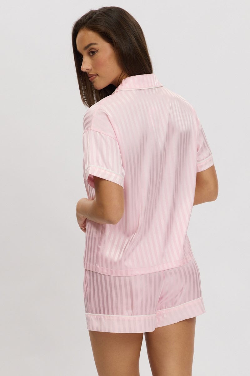 Pink Stripe Satin Pyjamas Set Short Sleeve - Àlainn Fashion