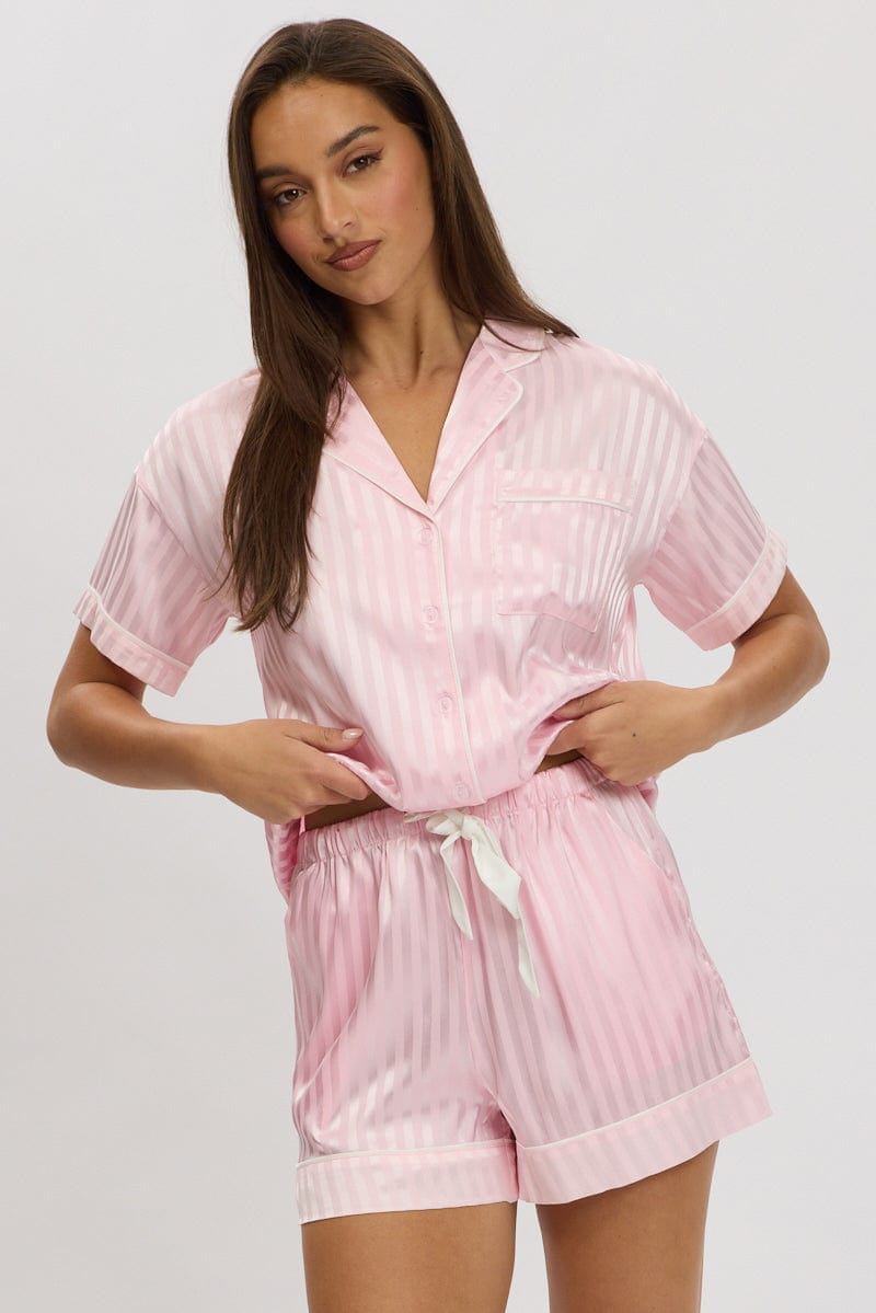 Pink Stripe Satin Pyjamas Set Short Sleeve - Àlainn Fashion