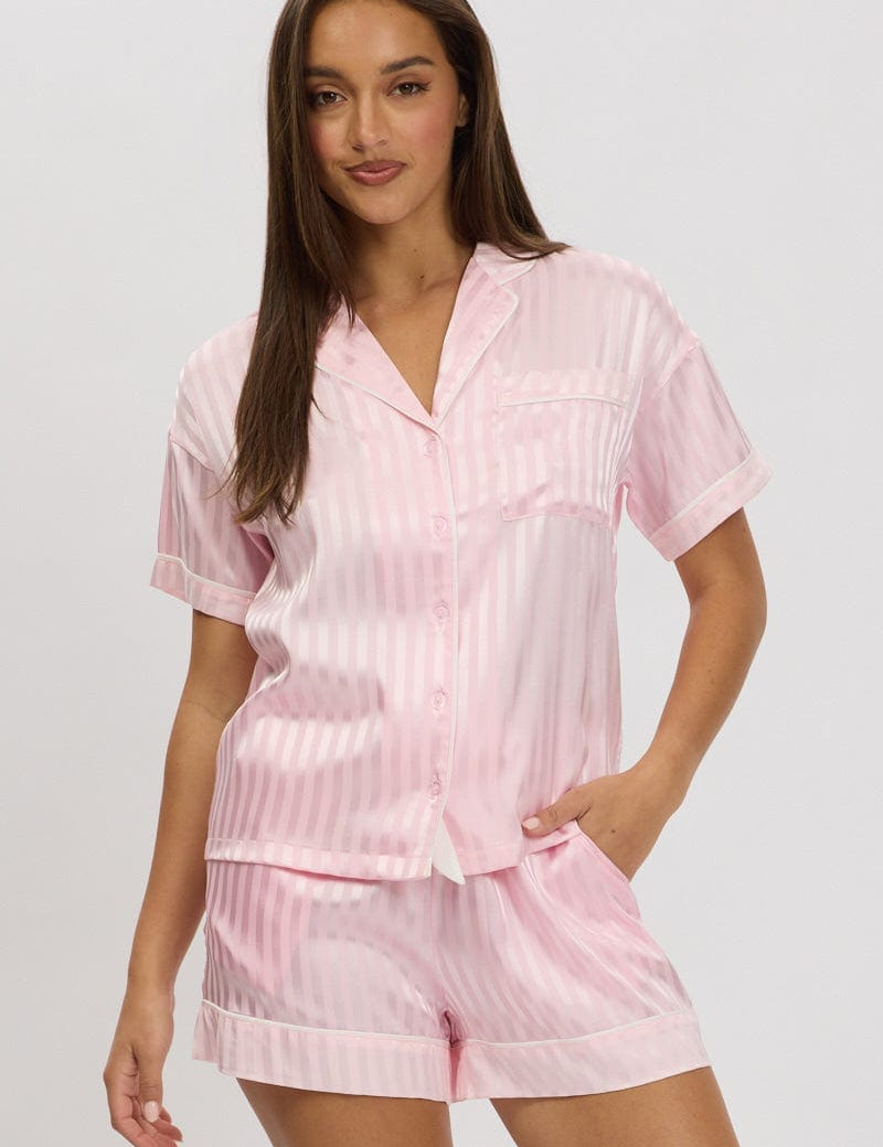 Pink Stripe Satin Pyjamas Set Short Sleeve - Àlainn Fashion