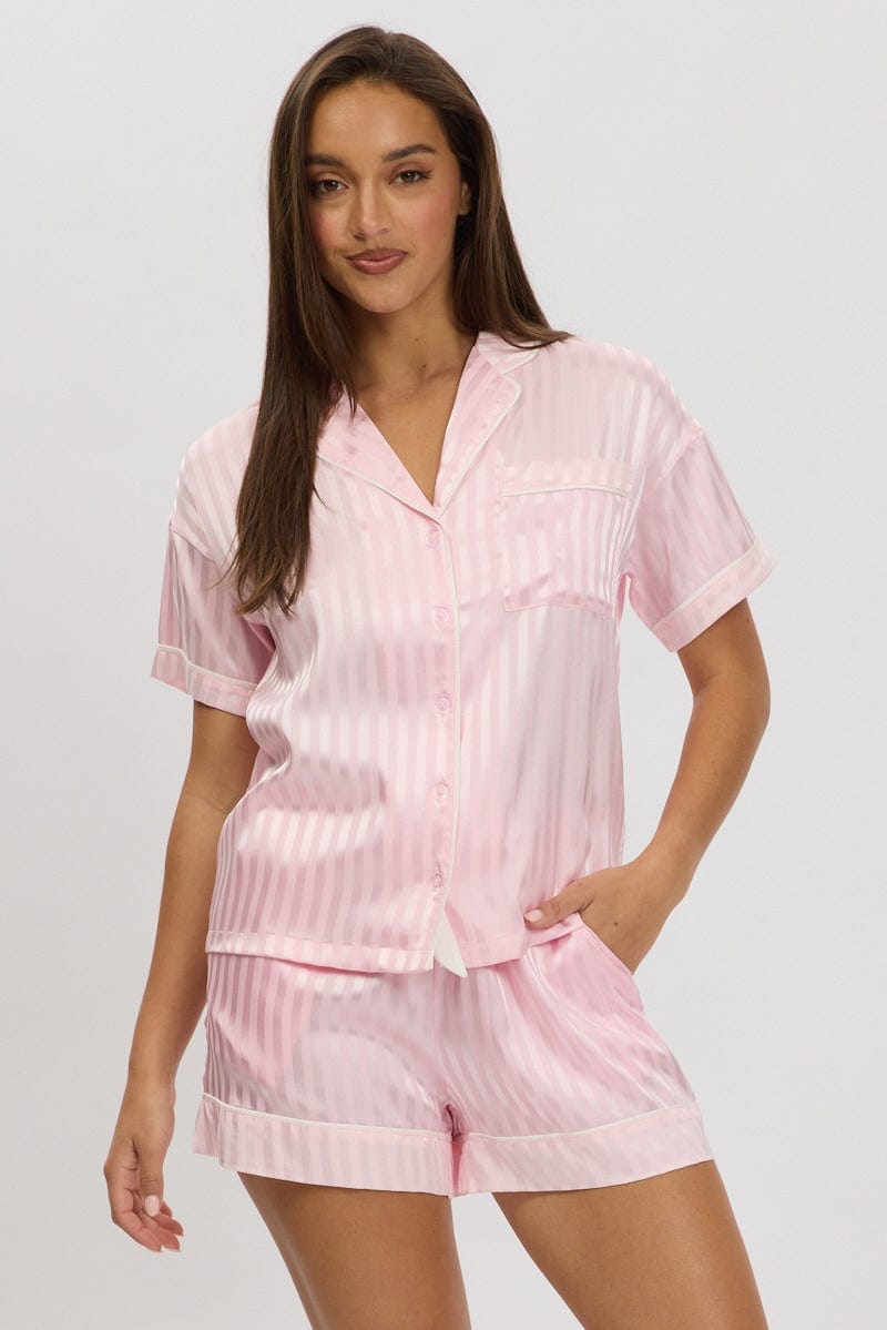 Pink Stripe Satin Pyjamas Set Short Sleeve - Àlainn Fashion