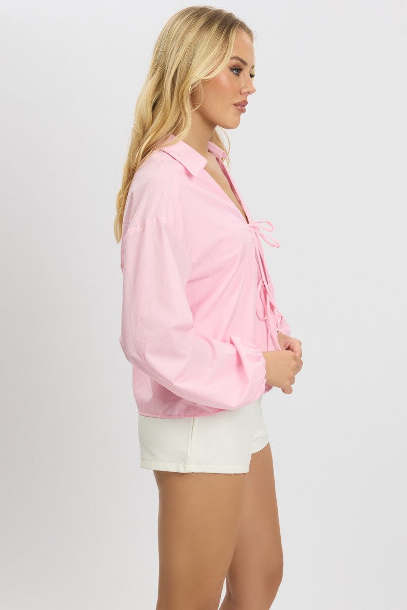 Pink Tie Up Front Top Long Sleeve - Àlainn Fashion