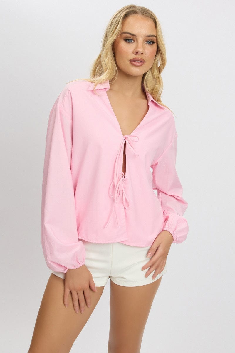 Pink Tie Up Front Top Long Sleeve - Àlainn Fashion