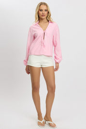 Pink Tie Up Front Top Long Sleeve - Àlainn Fashion