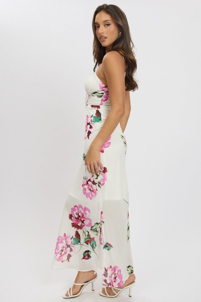 Purple Floral Midi Dress Gathering Bust Sleeveless - Àlainn Fashion