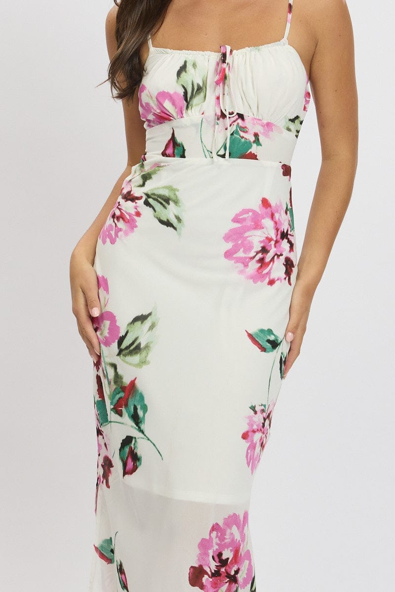 Purple Floral Midi Dress Gathering Bust Sleeveless - Àlainn Fashion