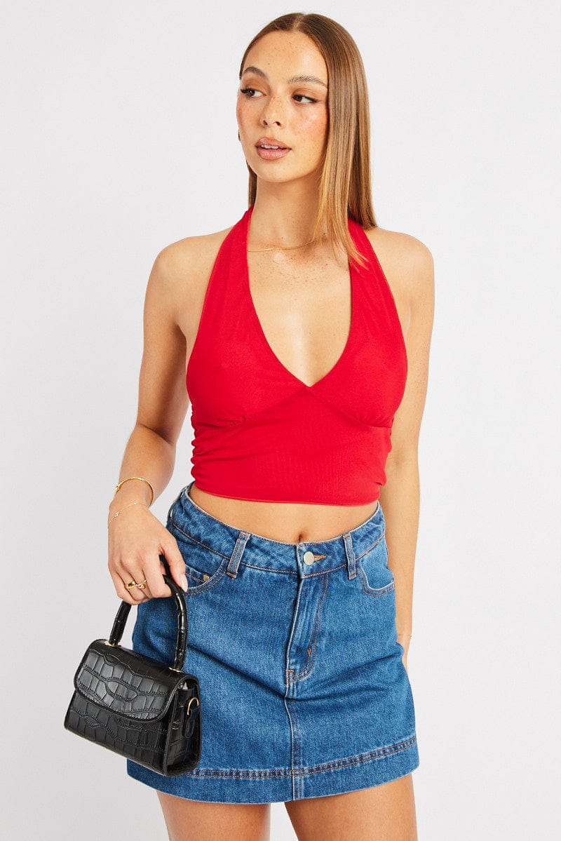 Red Halter Neck Top Tie Back Mesh - Àlainn Fashion