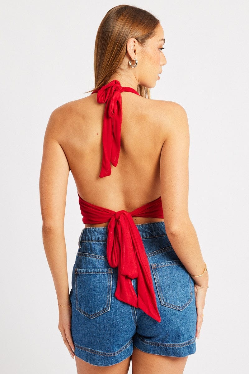 Red Halter Neck Top Tie Back Mesh - Àlainn Fashion