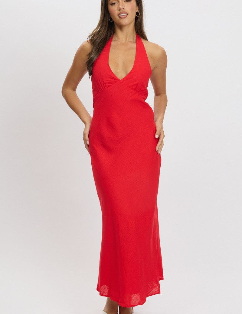 Red Midi Dress Halter Neck - Àlainn Fashion