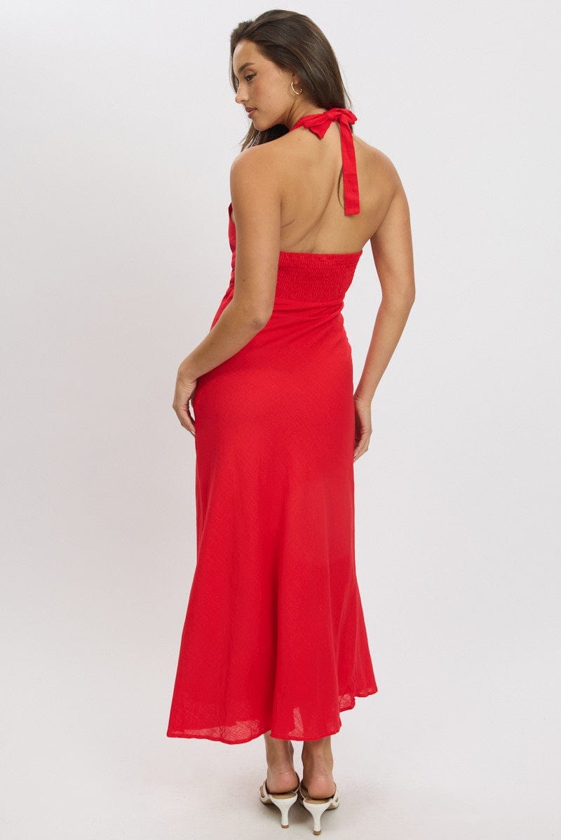 Red Midi Dress Halter Neck - Àlainn Fashion