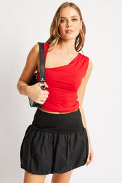 Red Sleeveless Top Asymmetrical Shoulder Straps - Àlainn Fashion