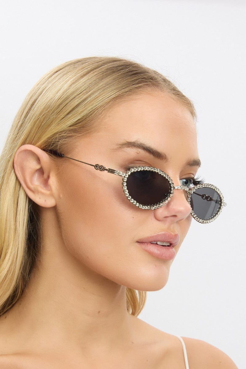 Silver Oval Rhinestone Sunglasses - Àlainn Fashion