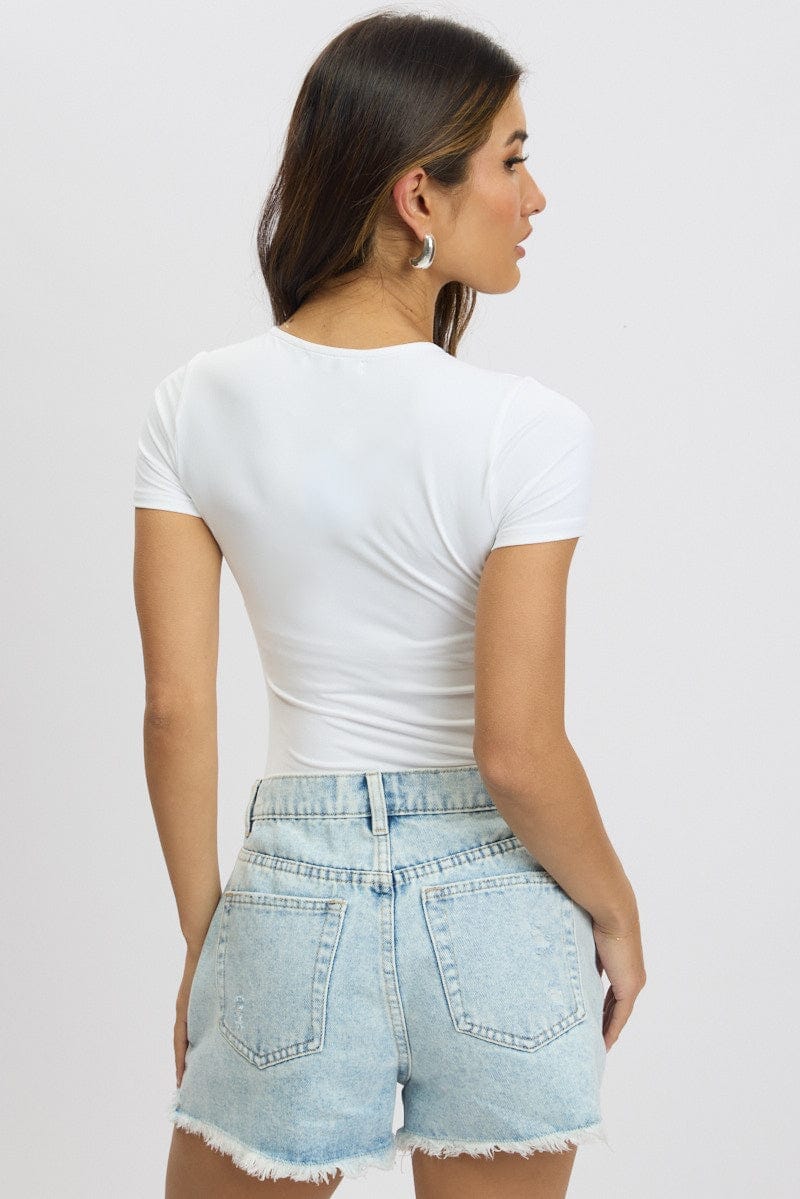 White Bodysuit Short Sleeve Crew Neck Supersoft - Àlainn Fashion