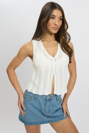 White Crochet Knit Vest V Neck - Àlainn Fashion