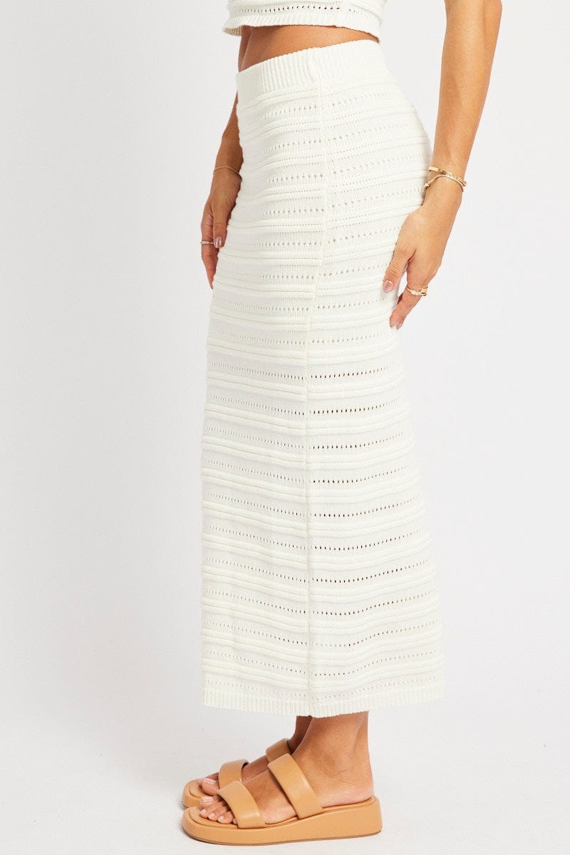 White Crochet Skirt High Rise Elastic Waistband Midi - Àlainn Fashion