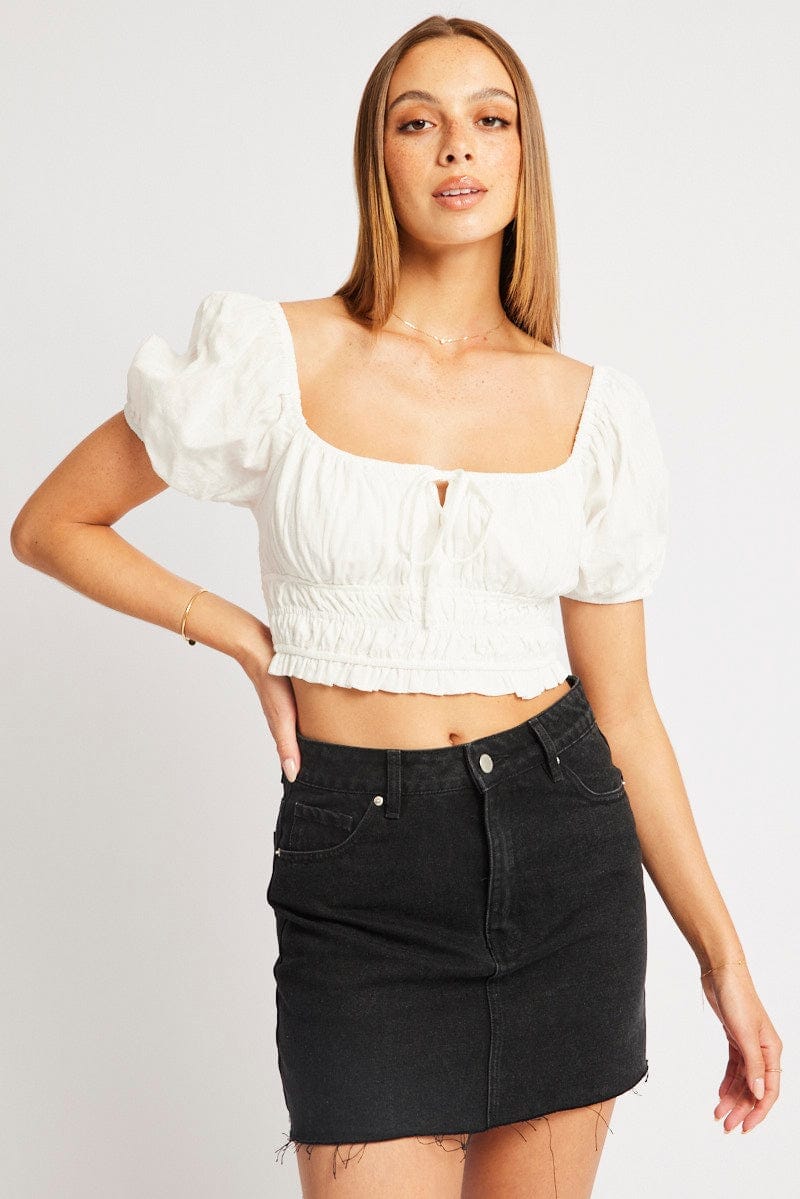 White Crop Top Short Sleeve Shirred Waist - Àlainn Fashion